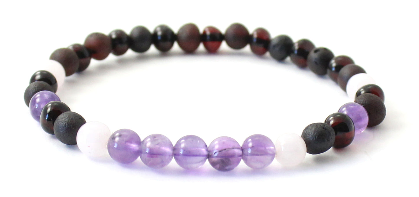 Amber Stretch Cherry Bracelet With Amethyst and Rose Quartz