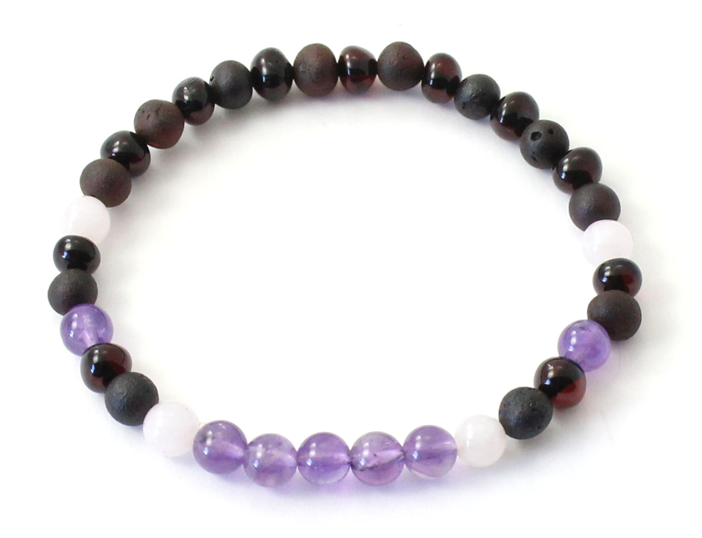 Amber Stretch Cherry Bracelet With Amethyst and Rose Quartz
