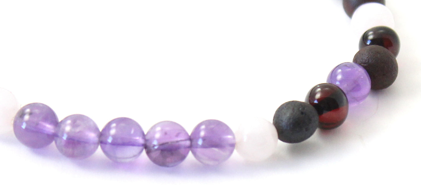 Amber Stretch Cherry Bracelet With Amethyst and Rose Quartz