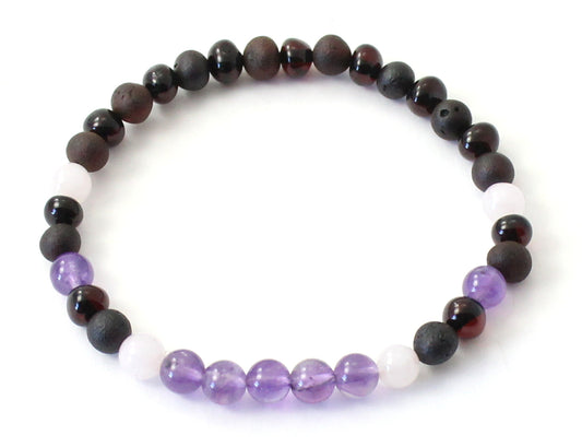 Amber Stretch Cherry Bracelet With Amethyst and Rose Quartz